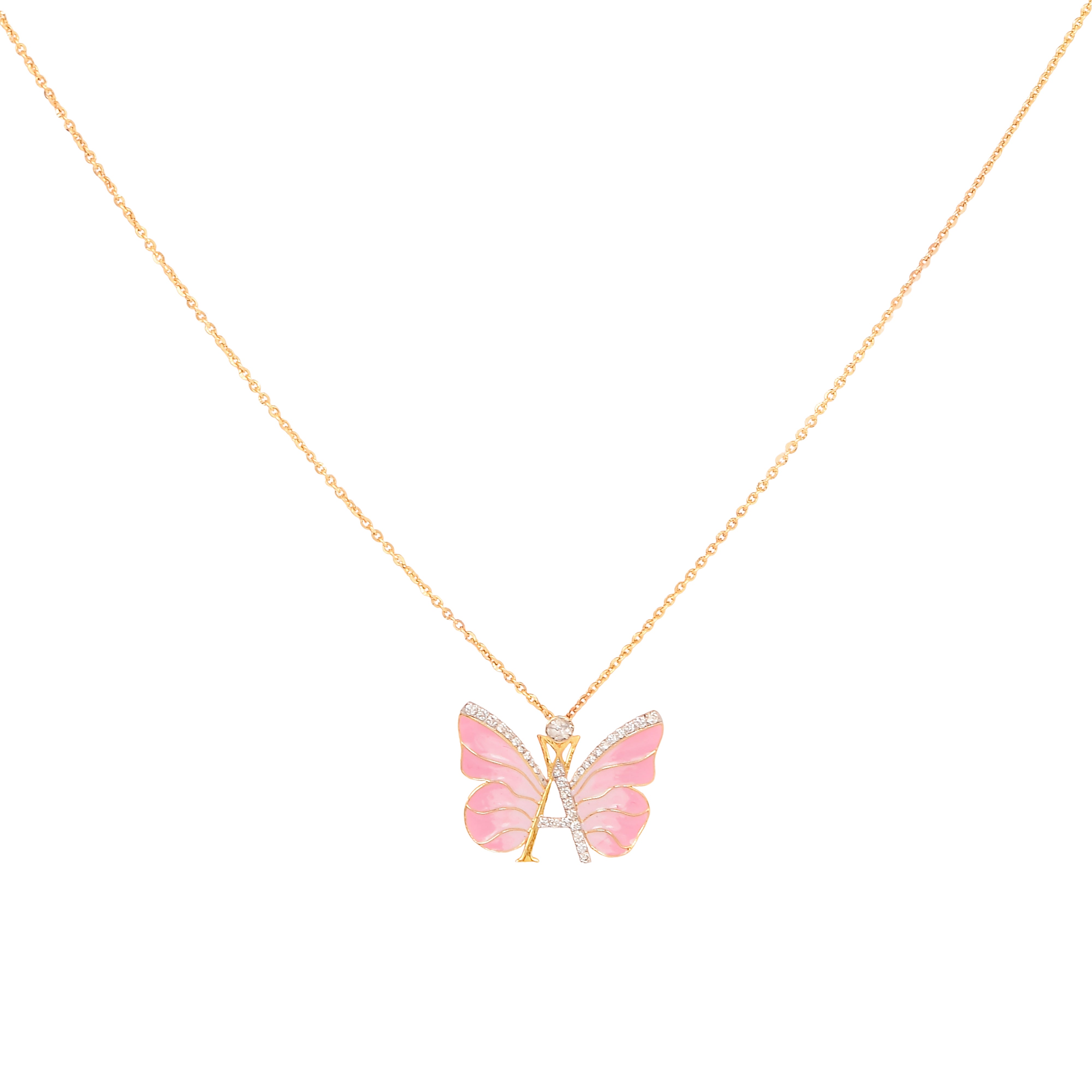 Delicate 14k gold necklace with an elegant butterfly design showcasing the initial 'A'.