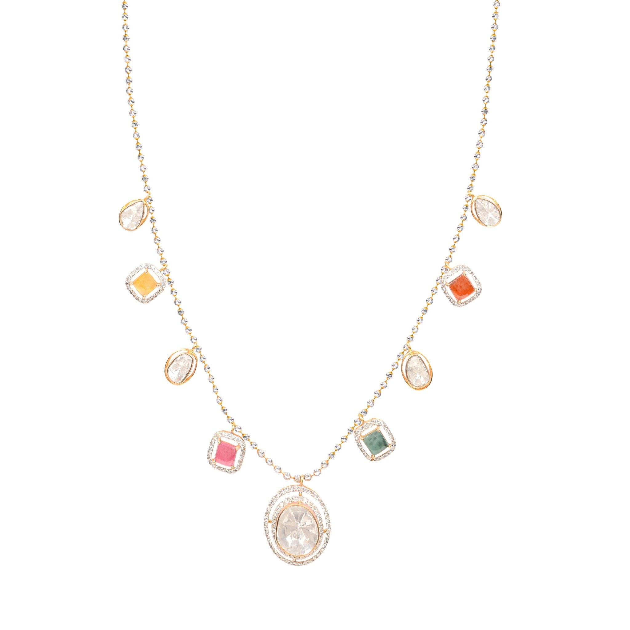 18k gold Polki necklace with colored gemstone accents and diamond details