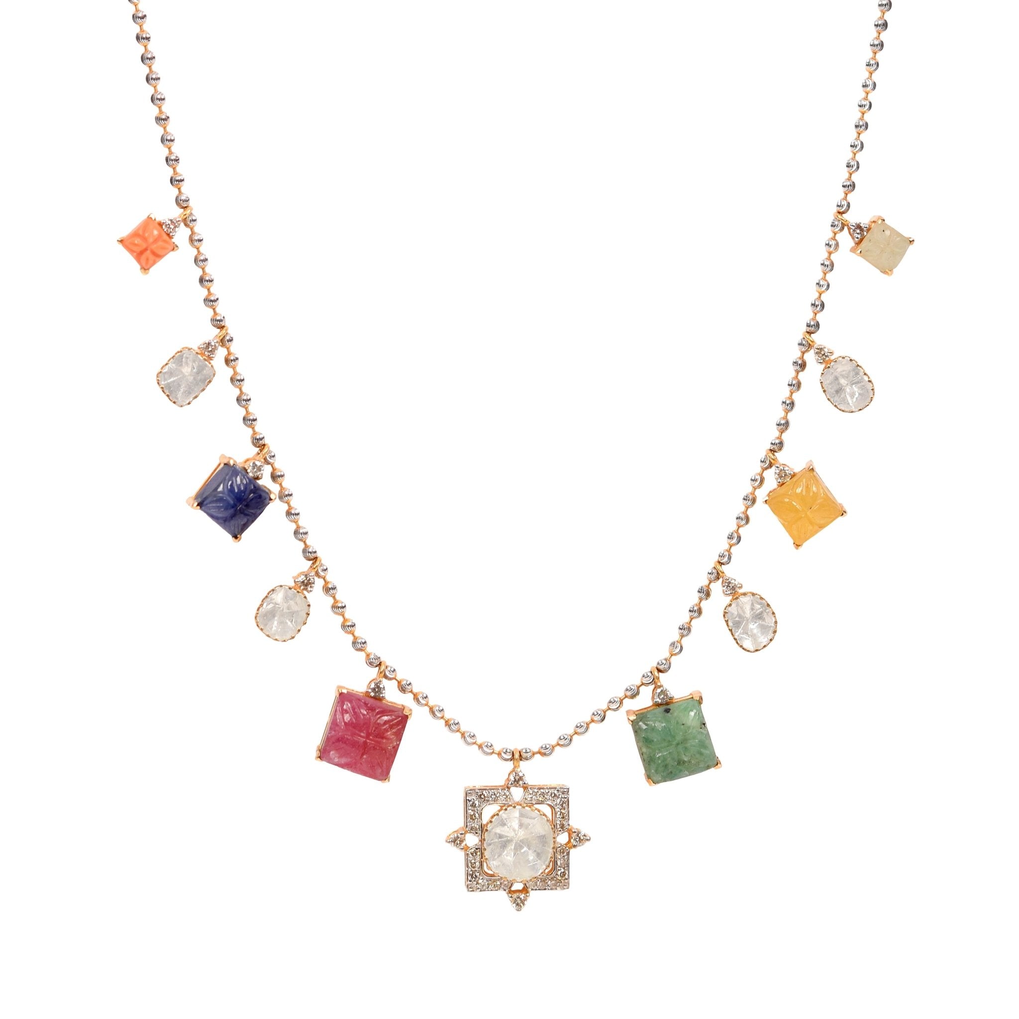 Multicoloured Polki necklace with multigem detailing and gold craftsmanship.