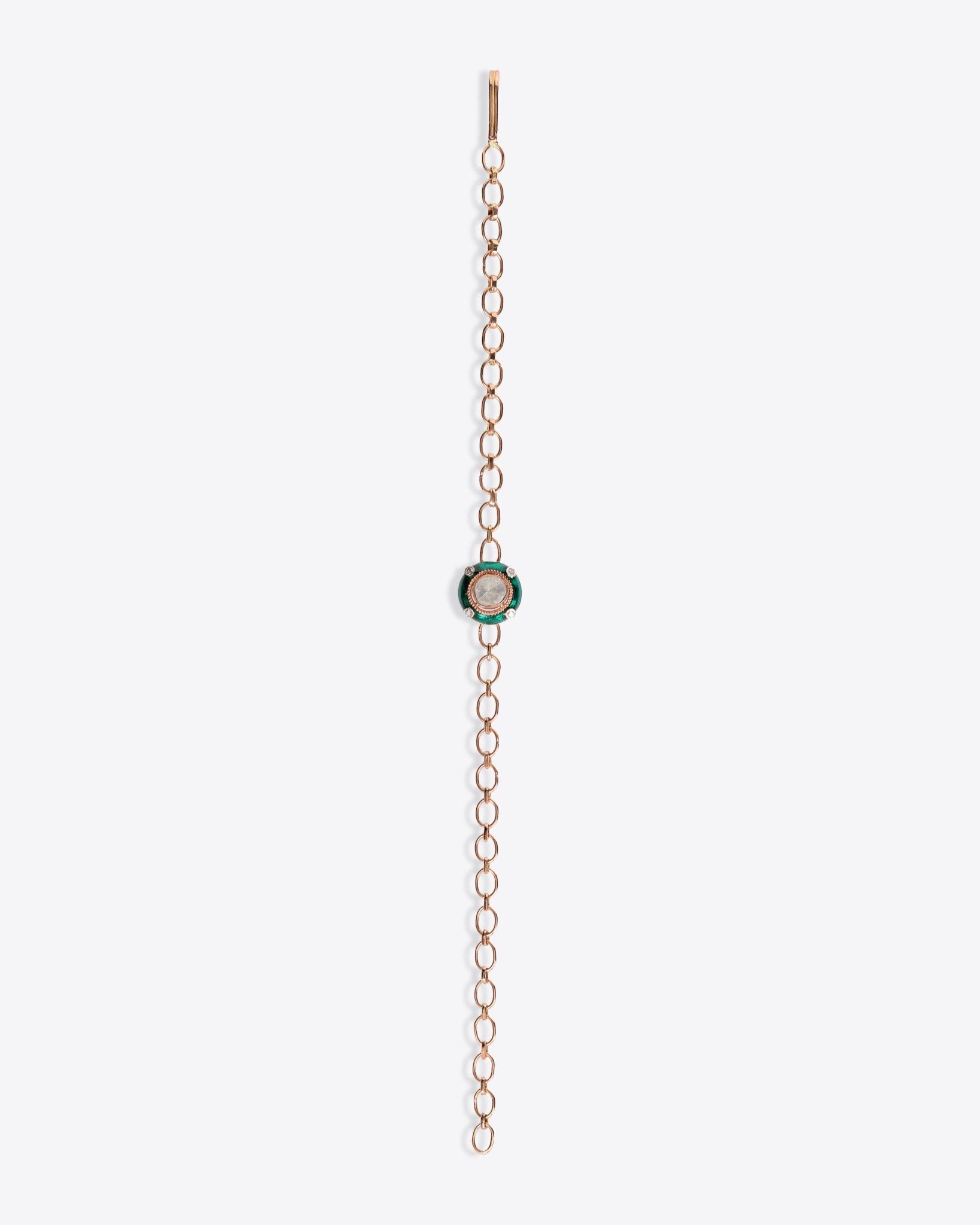 14K gold Pixie Polki Diamond Bracelet with green enamel and diamond accents.