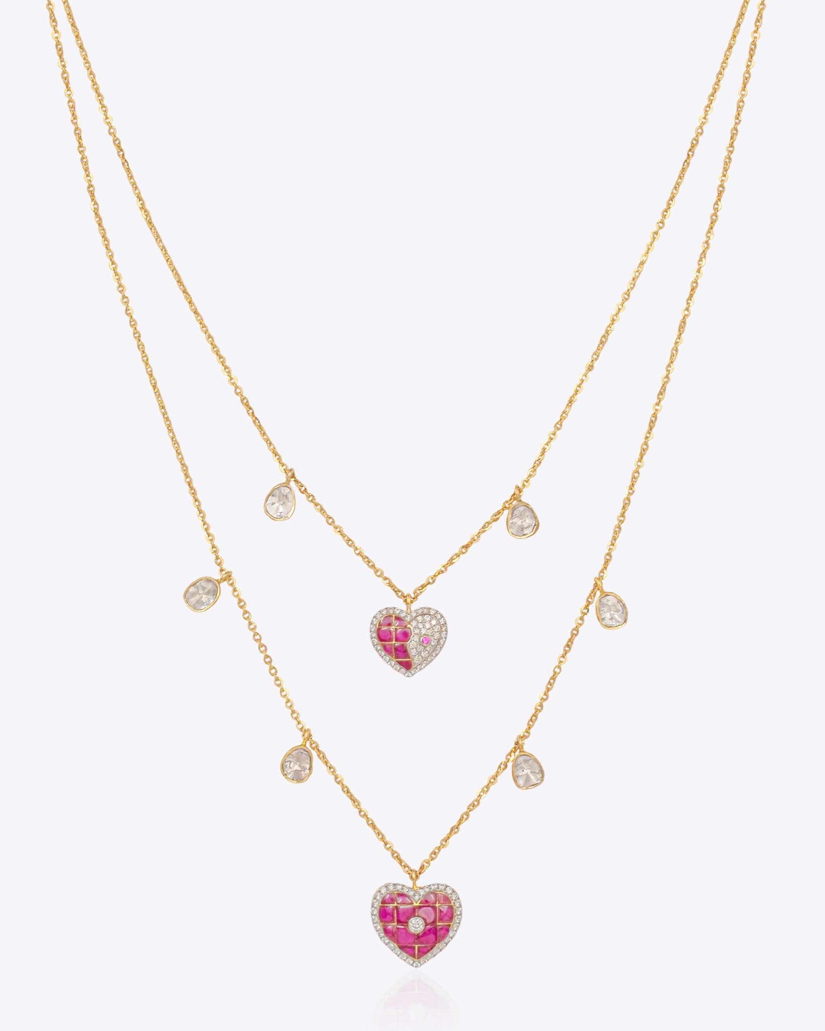 Sweetheart Necklace in 14k gold with a pink heart pendant on a double chain.