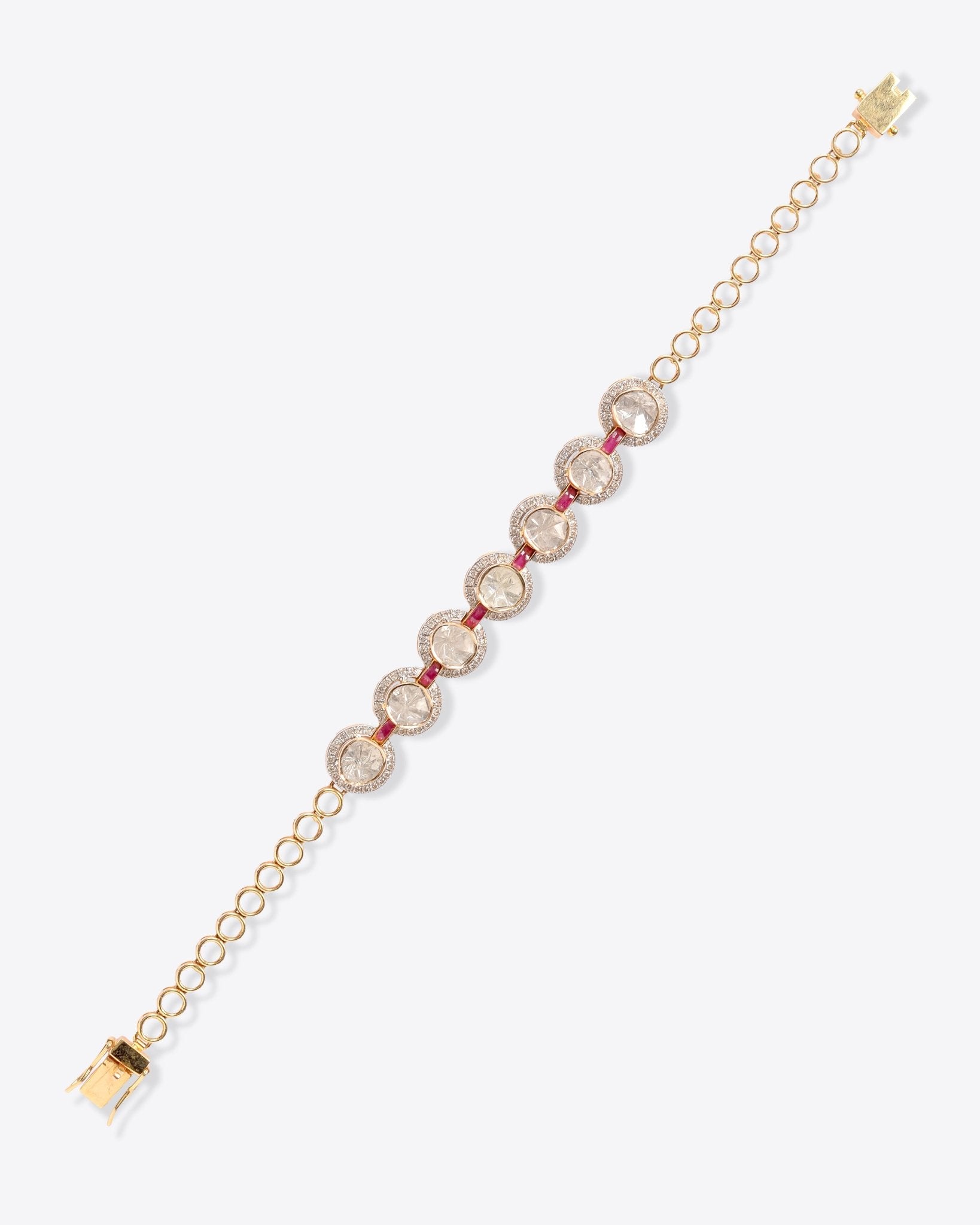 Sacred Polki diamond bracelet in 14K gold with a golden knot framework and talaf accents.