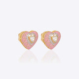 18K gold heart-shaped stud earrings with pink tones and Polki center