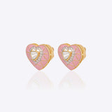 18K gold heart-shaped stud earrings with pink tones and Polki center