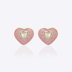 18K gold heart-shaped stud earrings with pink tones and Polki center