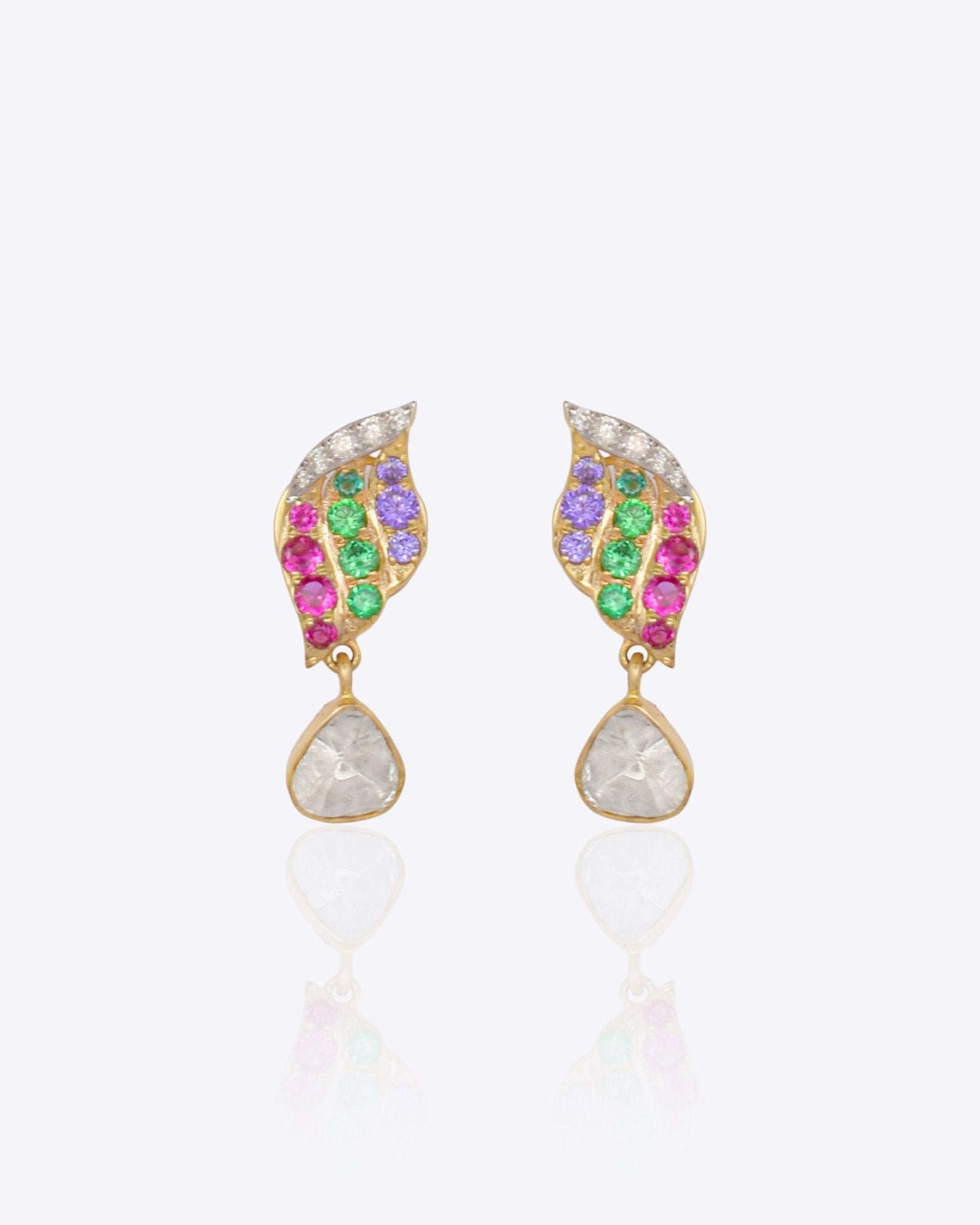 14k gold Mystic Flames earrings with vibrant flame-inspired gemstones.