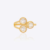 14K gold ring with three Polki stones arranged in a tulip blossom.