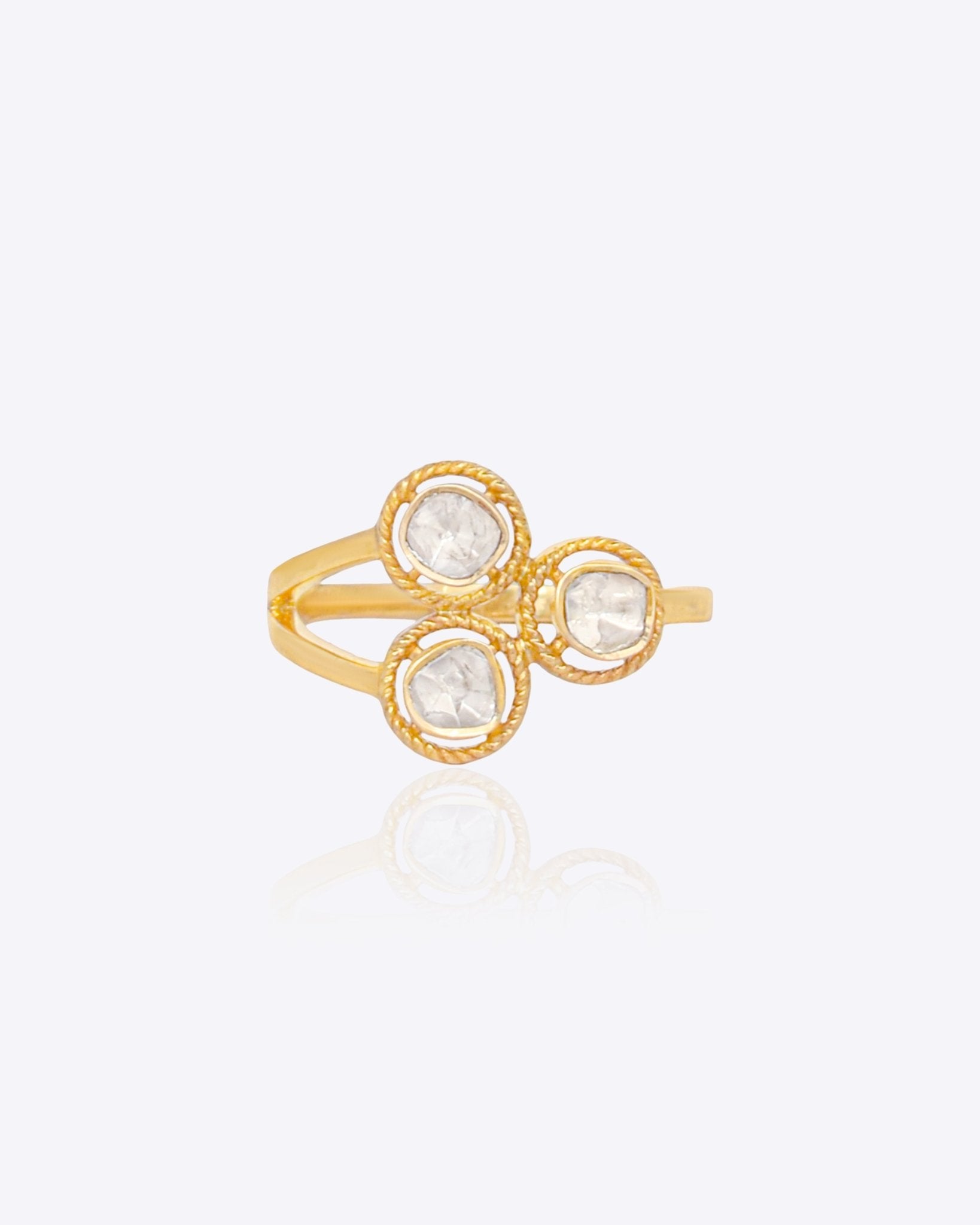 14K gold ring with three Polki stones arranged in a tulip blossom.