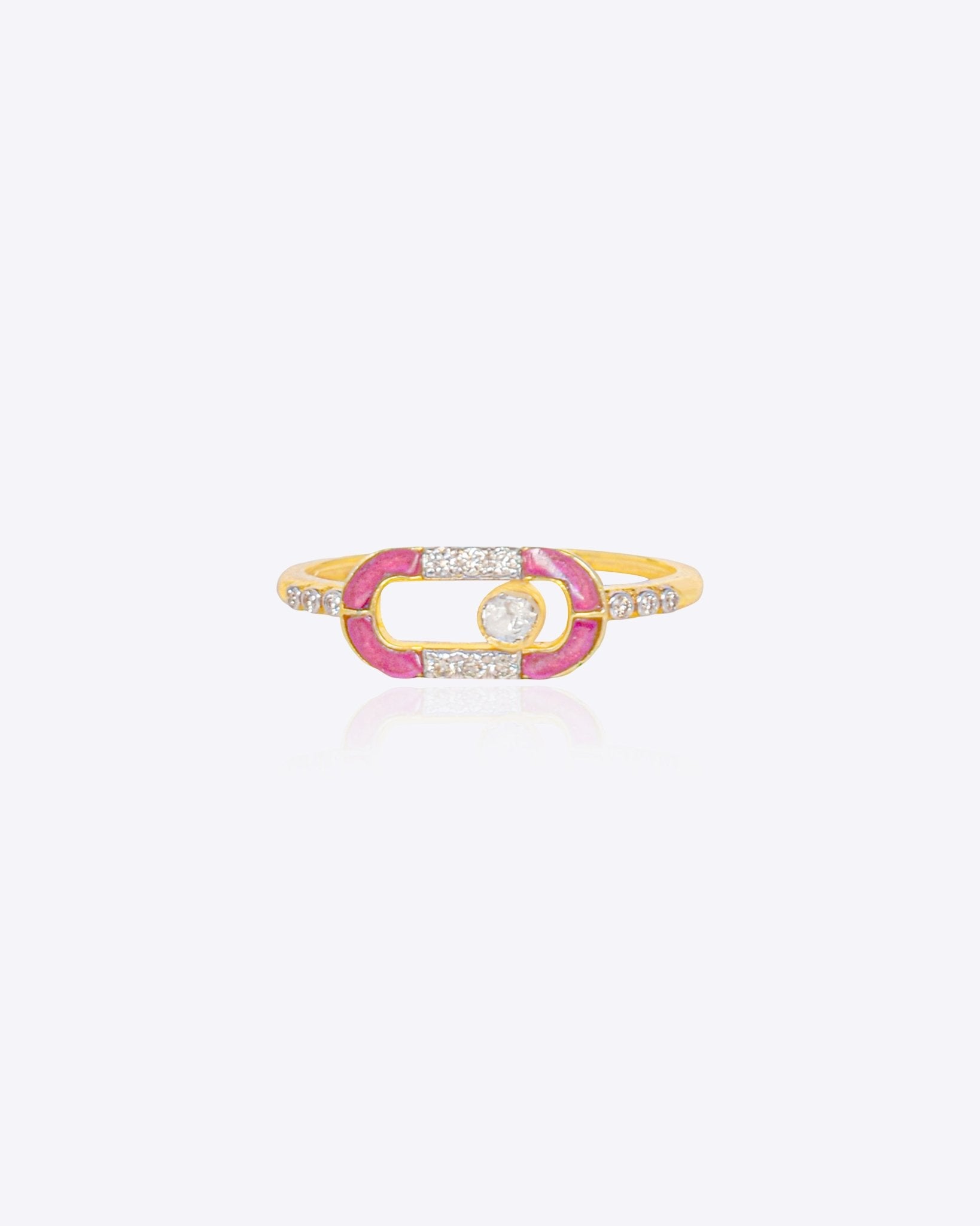 14k gold ring with crimson enamel inlay and Polki center stone