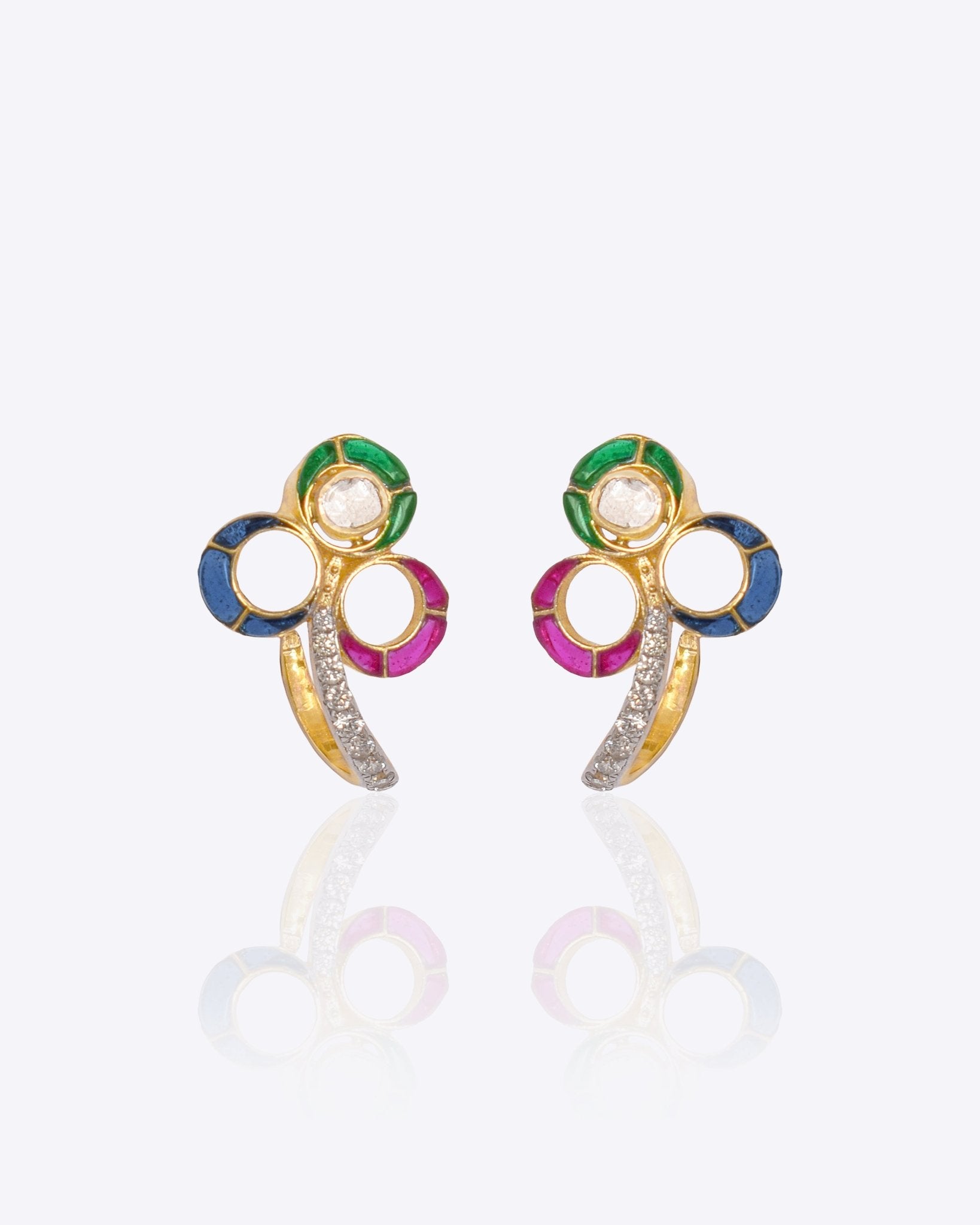 14K gold earrings with vibrant gemstone petals around a Polki center