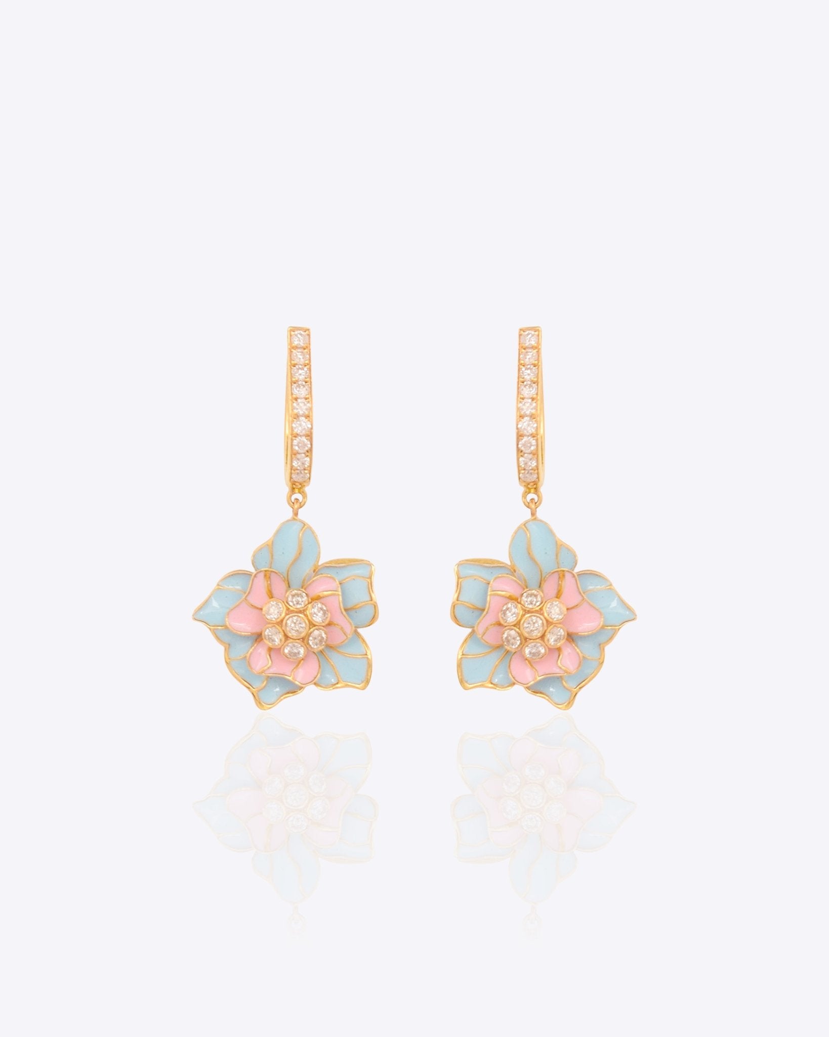 Secret Garden Earrings in 14k gold with 3D floral enamel motifs and diamond drops