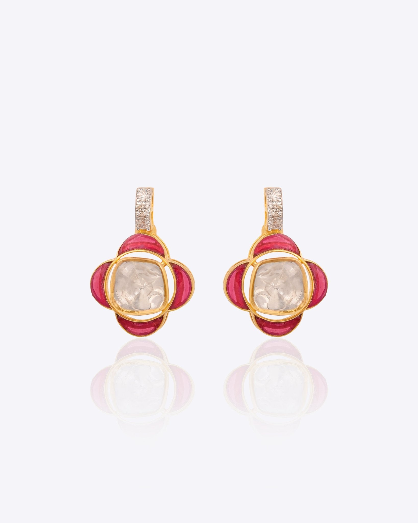 18K gold Pink Petal Polki Earrings with a four-leaf floral design.
