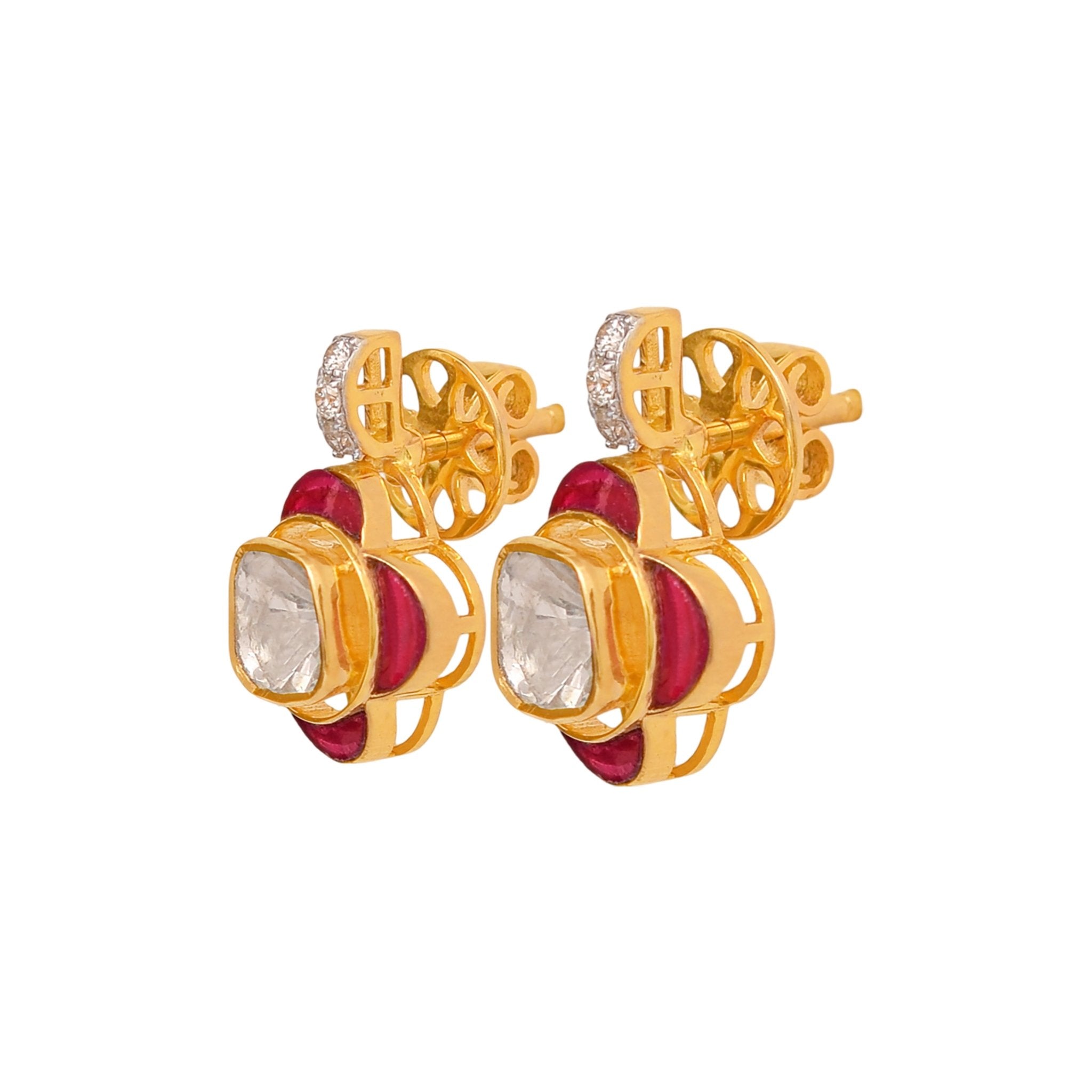 Mandala Earrings worn by model for spiritual statement, infused with Polki brilliance.