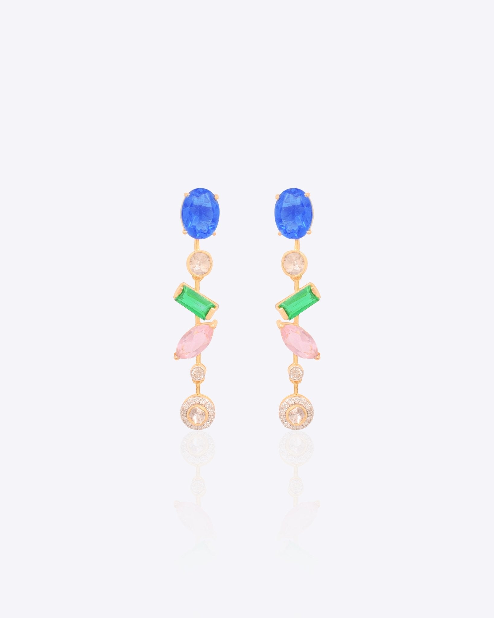 Prism Cascade Earrings in 14K gold with Polki diamonds and colourful gemstone drops