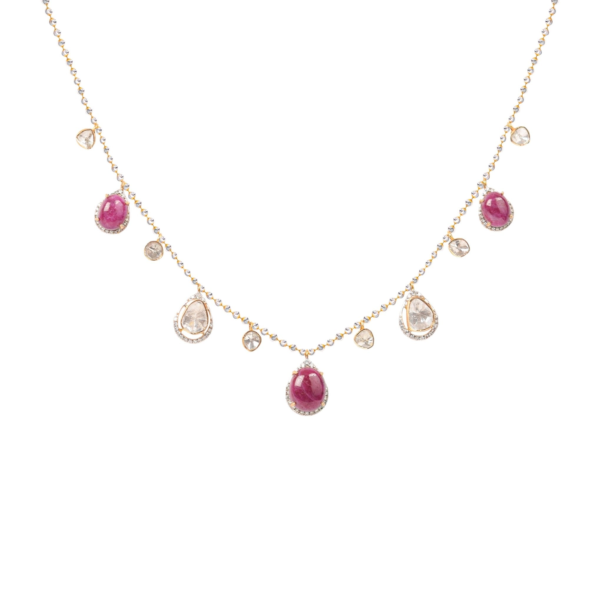 Rosa Blanco necklace styled with model's neckline for a modern royal look