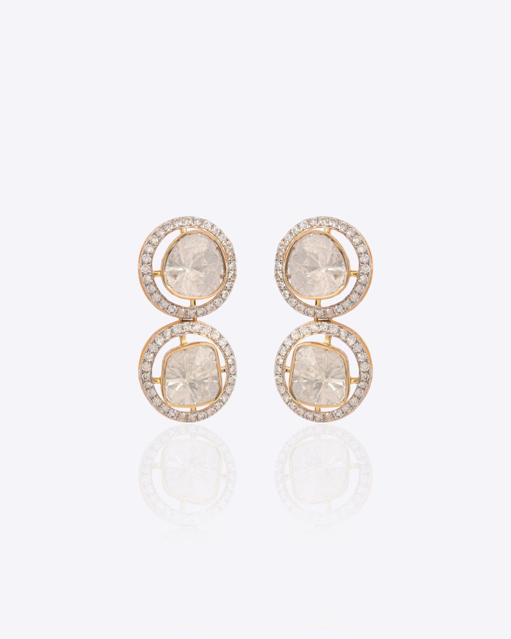14k gold circular earrings with four Polki stones and diamond halo