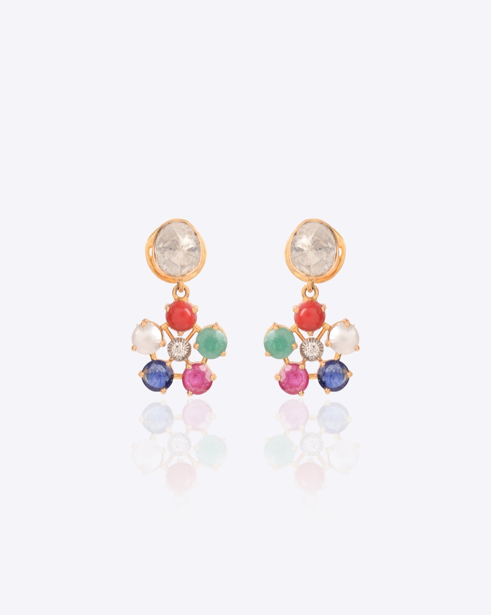 18K gold floral earrings with Polki diamonds and Navratna stones