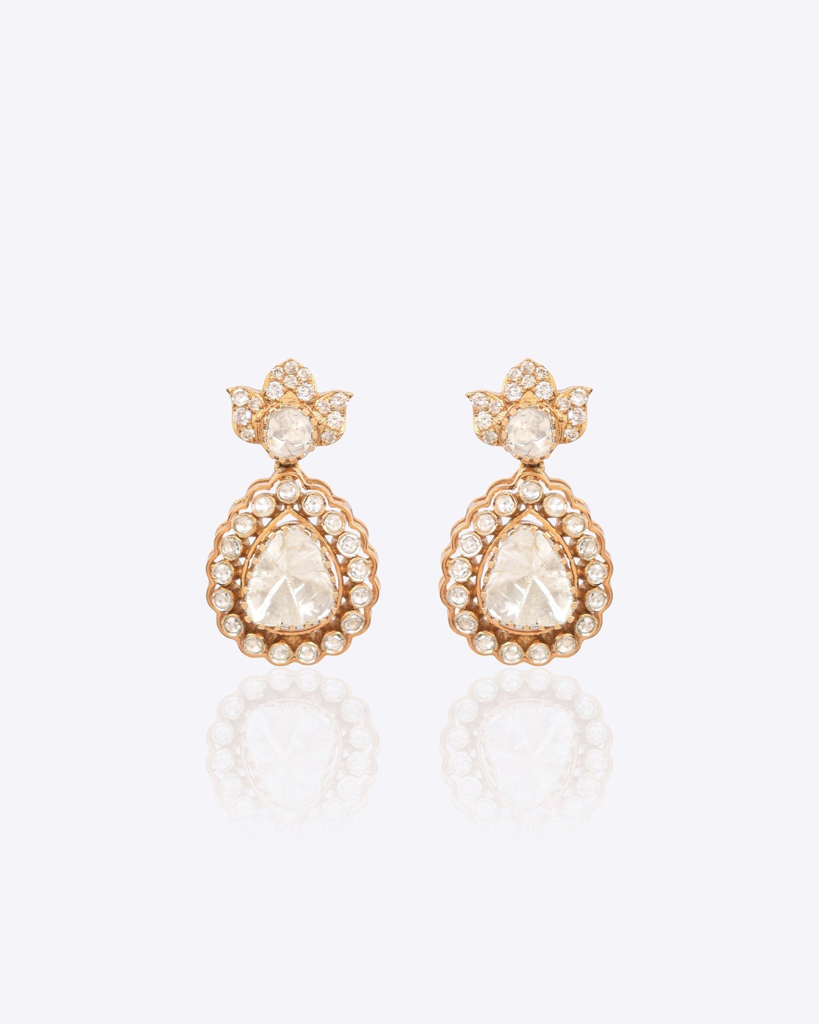 14K gold circular triangular earrings with radiant Polki diamonds