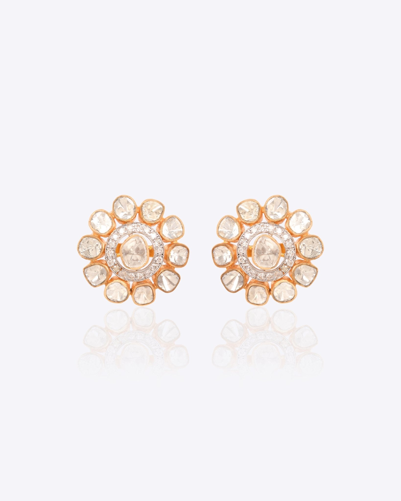 18k gold floral earrings with layered Polki diamonds in symmetric design