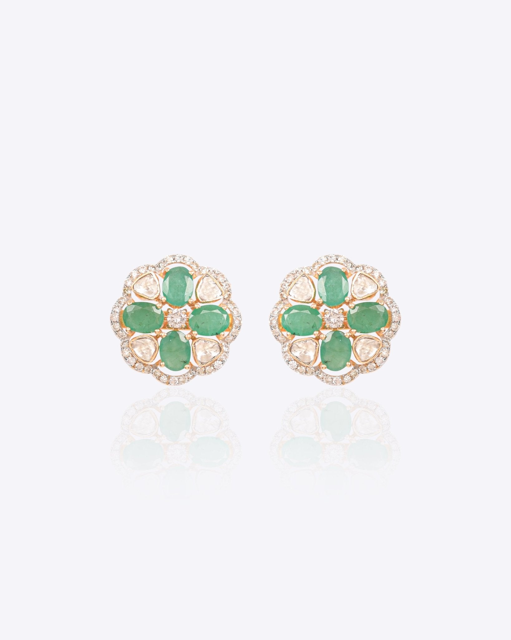 14k gold floral stud earrings with emerald and Polki
