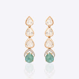14k gold droplet earrings with Zambian emeralds, diamonds, and Polki