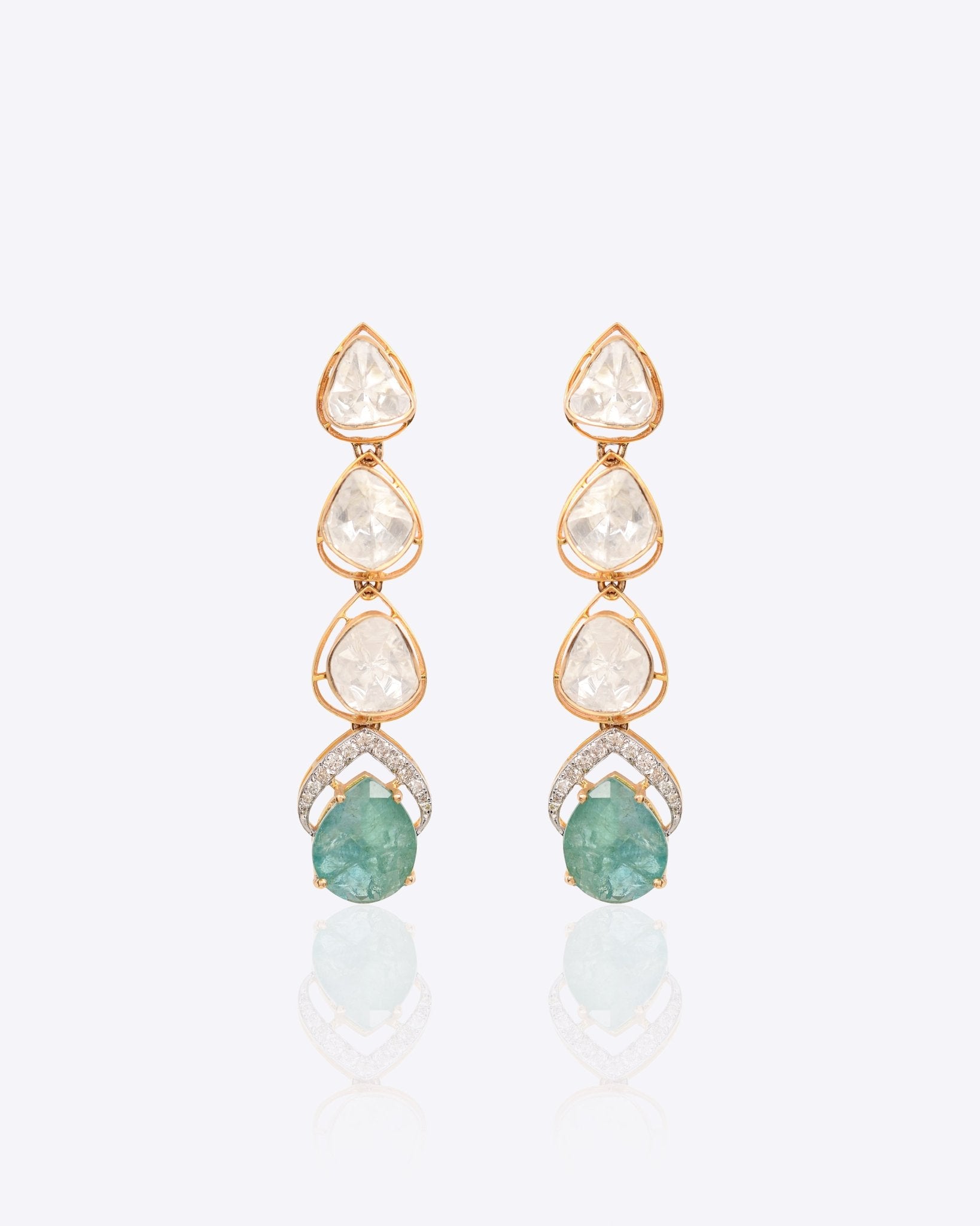 14k gold droplet earrings with Zambian emeralds, diamonds, and Polki