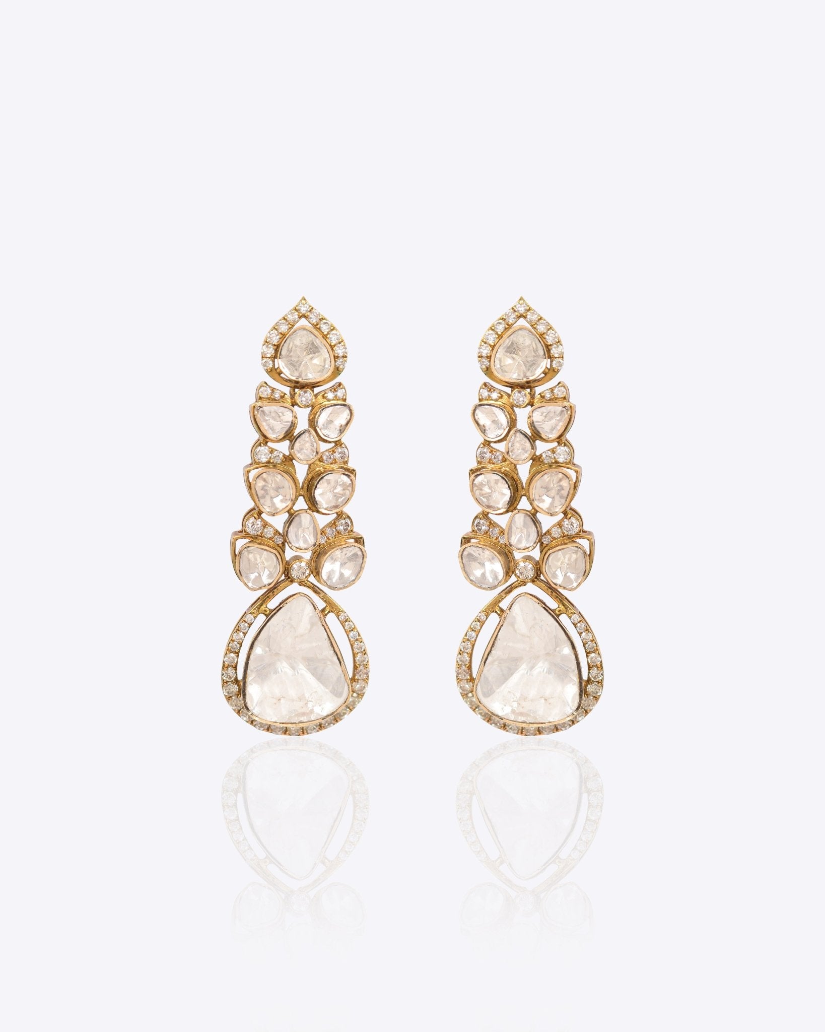 Talia Polki Diamond Earrings in 14k gold with cascading Polki and a teardrop centrepiece.