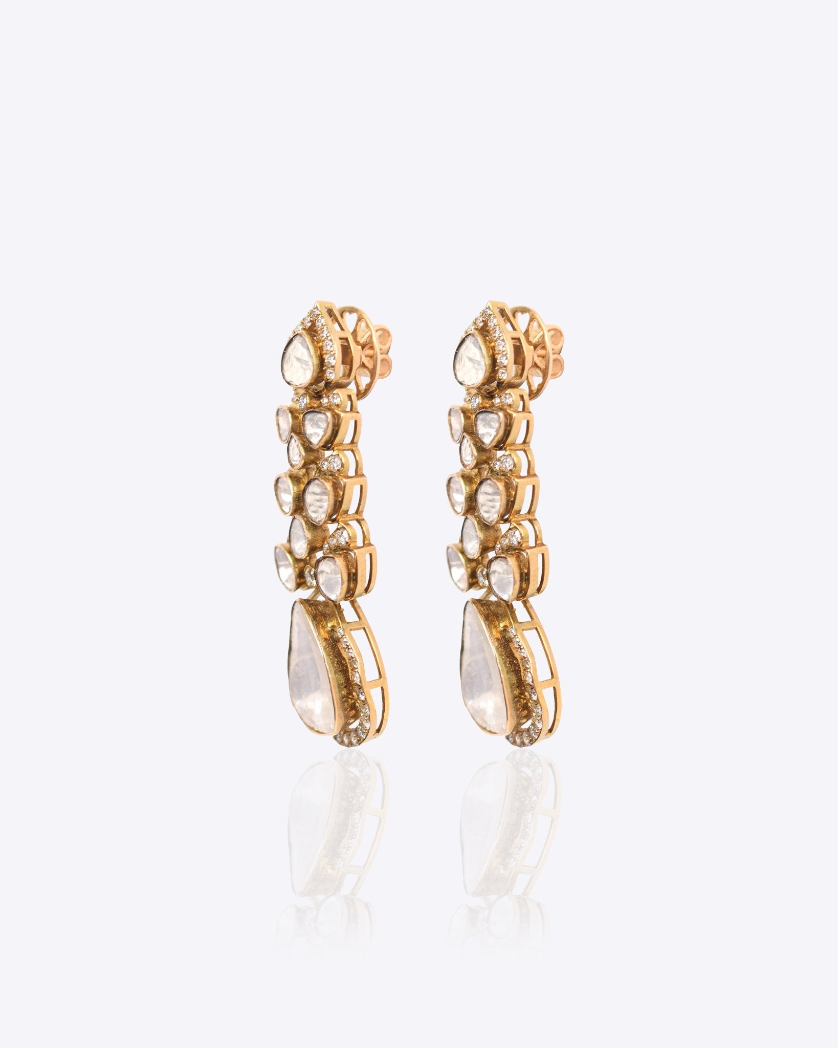 Talia Polki Diamond Earrings in 14k gold with cascading Polki and a teardrop centrepiece.