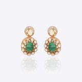14k gold earrings with emerald studs, diamonds, and Polki drop
