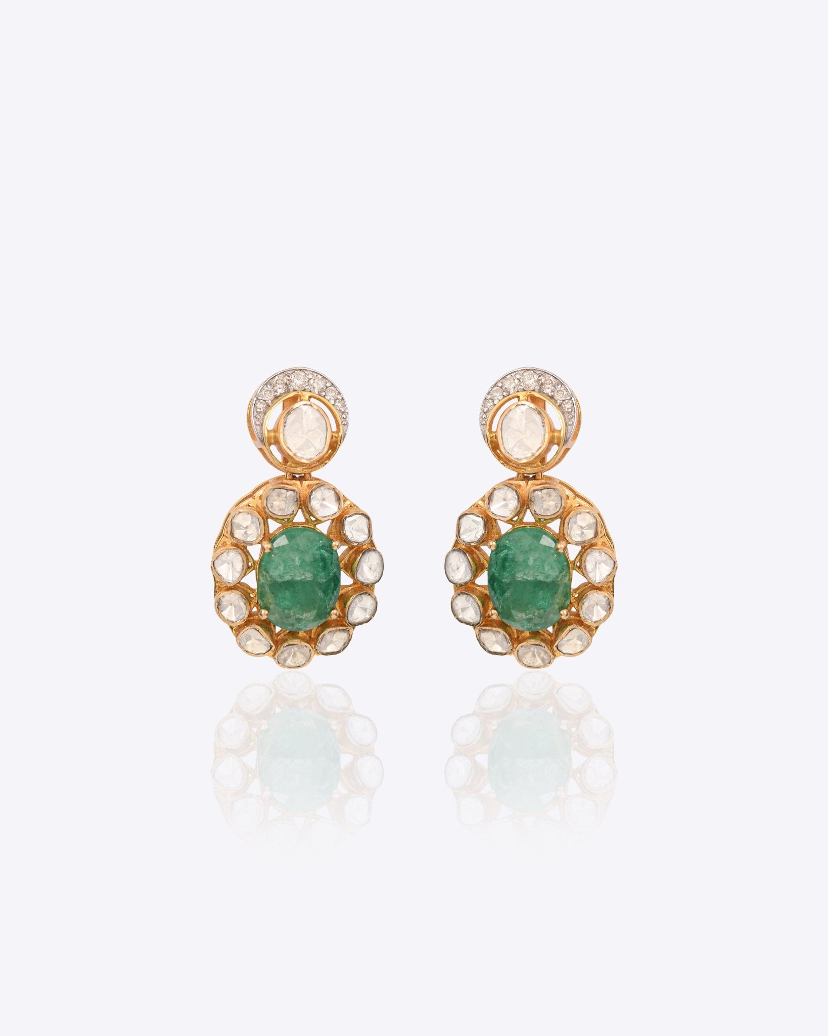 14k gold earrings with emerald studs, diamonds, and Polki drop