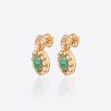 14k gold earrings with emerald studs, diamonds, and Polki drop