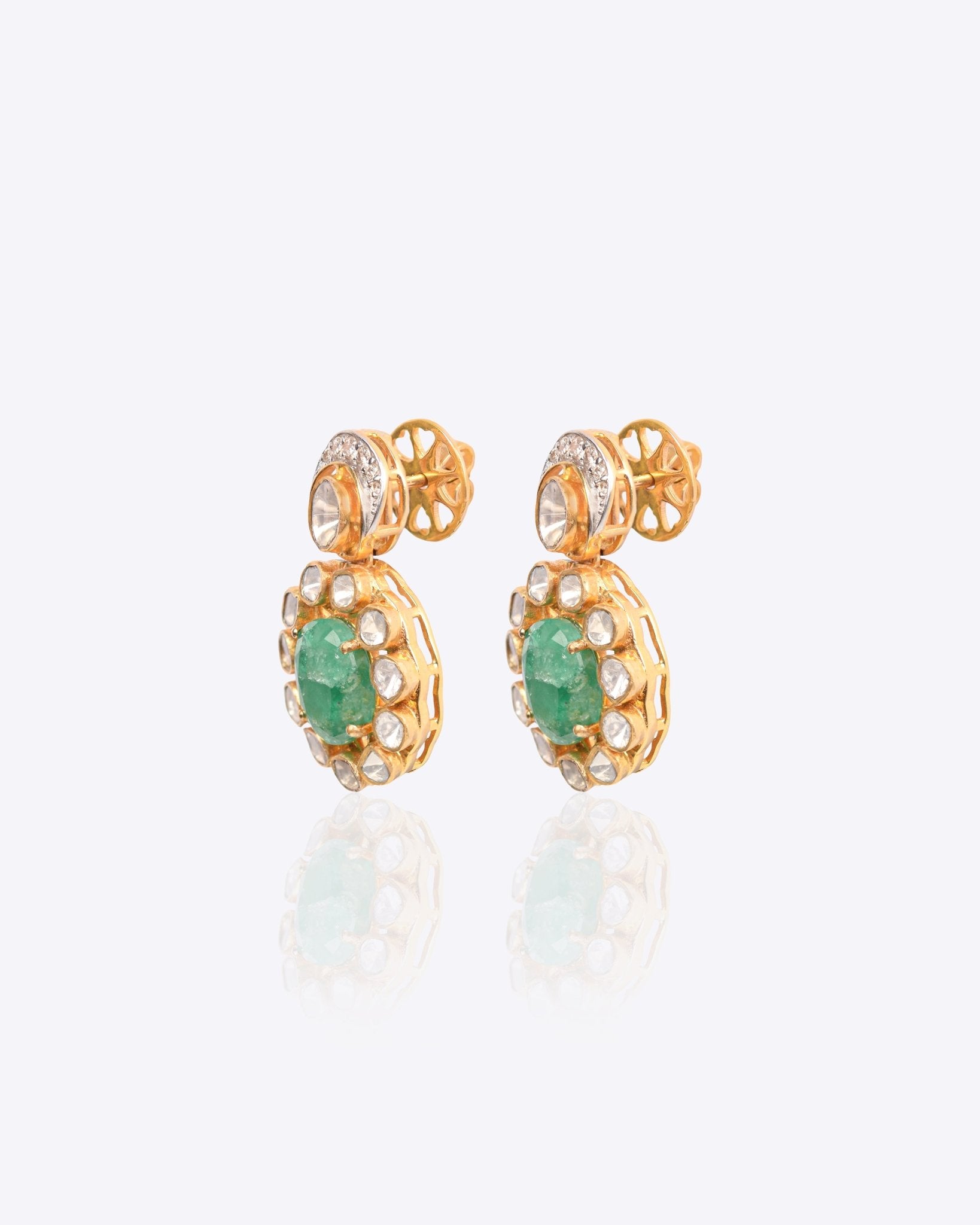 14k gold earrings with emerald studs, diamonds, and Polki drop