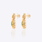 14k gold earrings with emerald studs, diamonds, and Polki drop