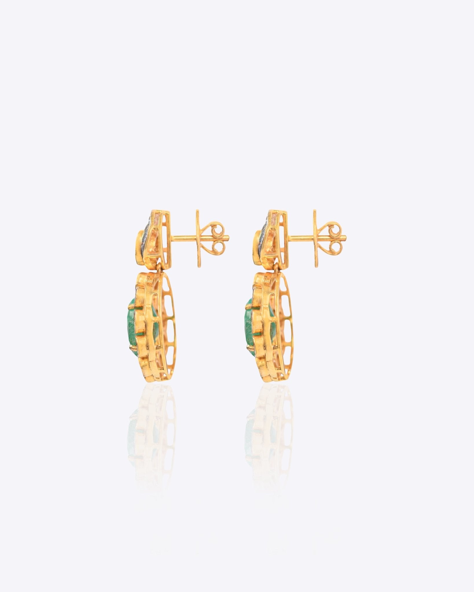 14k gold earrings with emerald studs, diamonds, and Polki drop