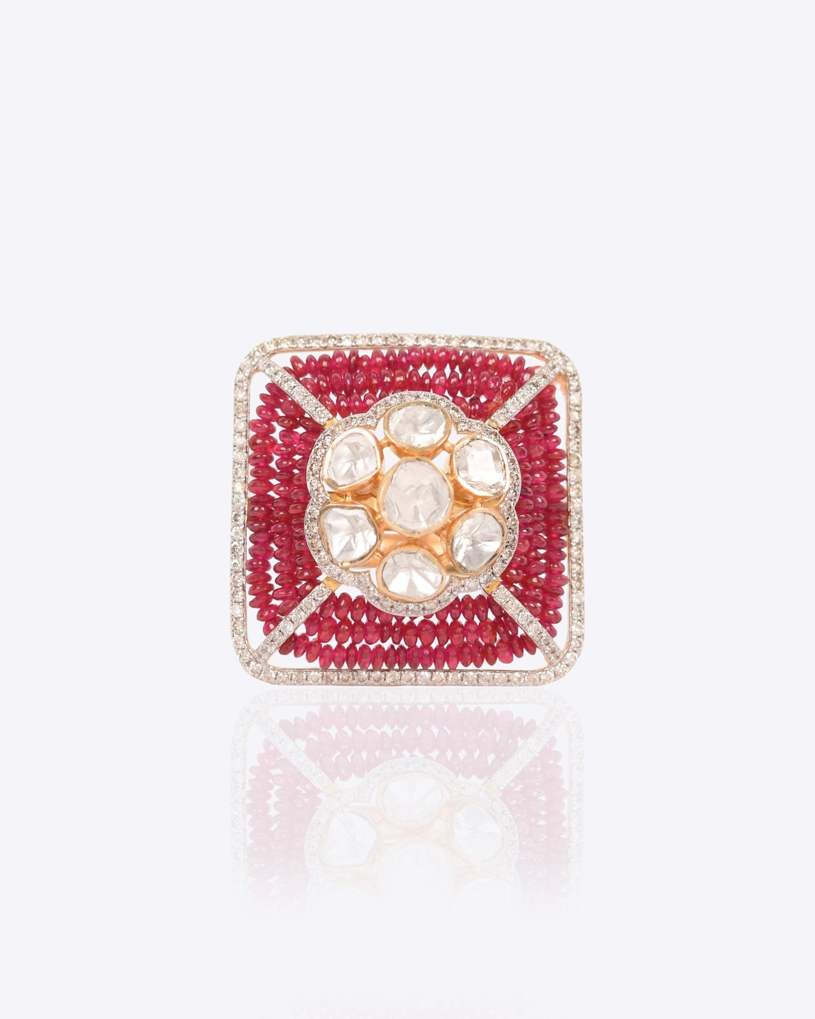 Sangria Polki Ring in 14K gold with rubies and a shimmering diamond halo