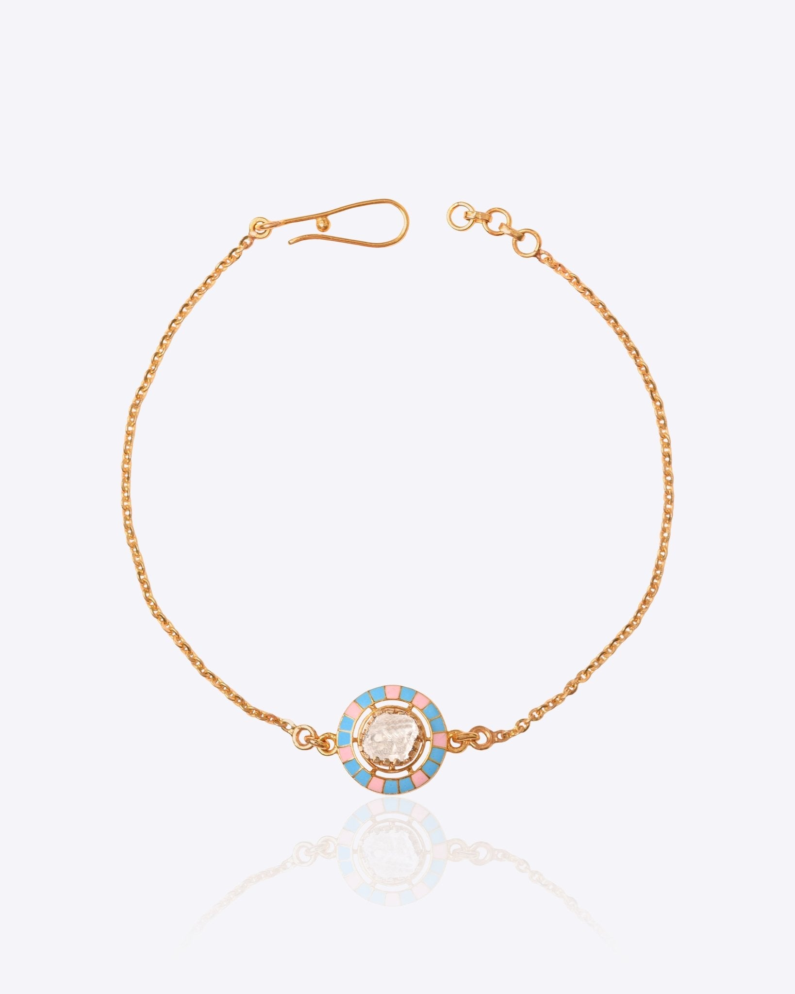 14k gold bracelet with Polki stud, candy blue and gold enamel