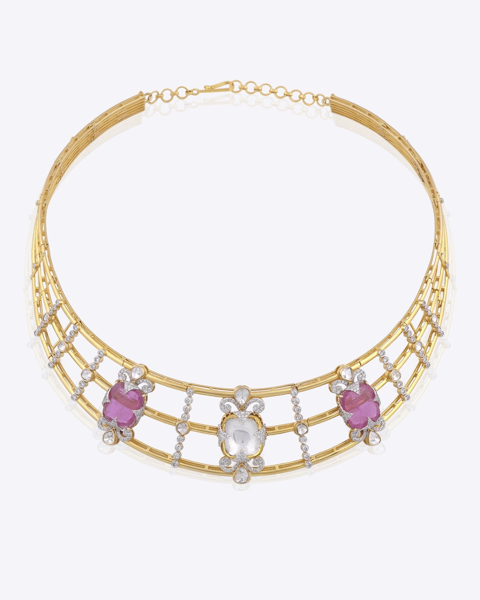 Rose Reverie Choker in 14K gold with a garland of luminous Polki and soft pink accents