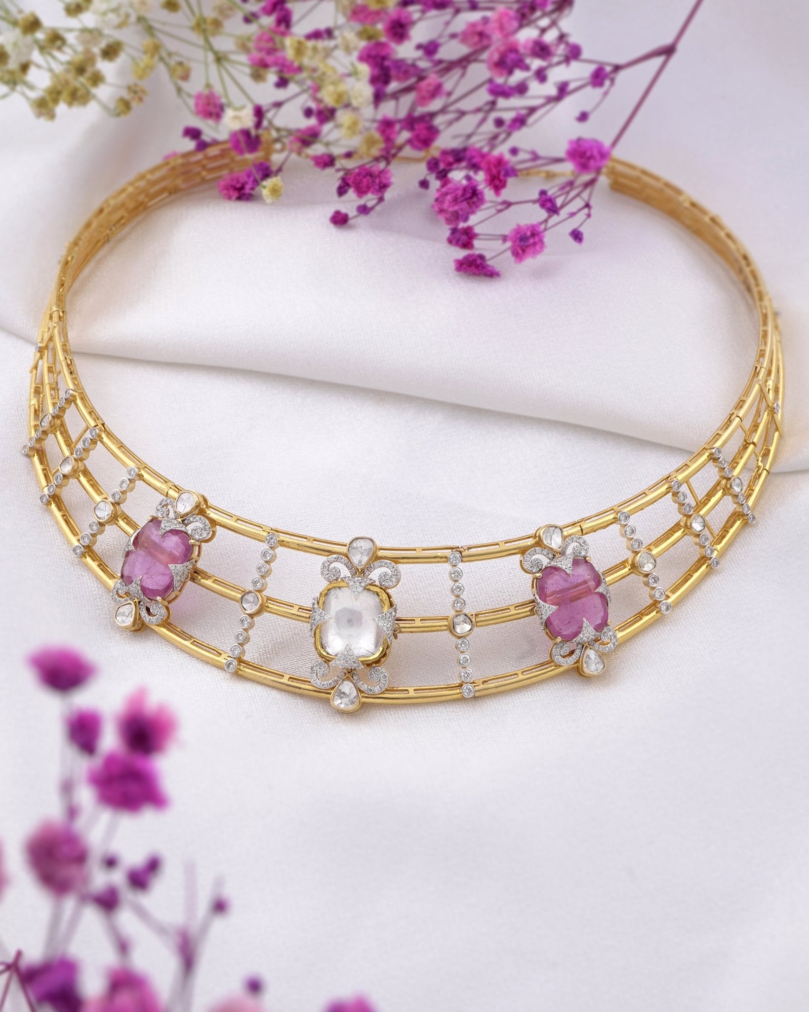 Rose Reverie Choker in 14K gold with a garland of luminous Polki and soft pink accents