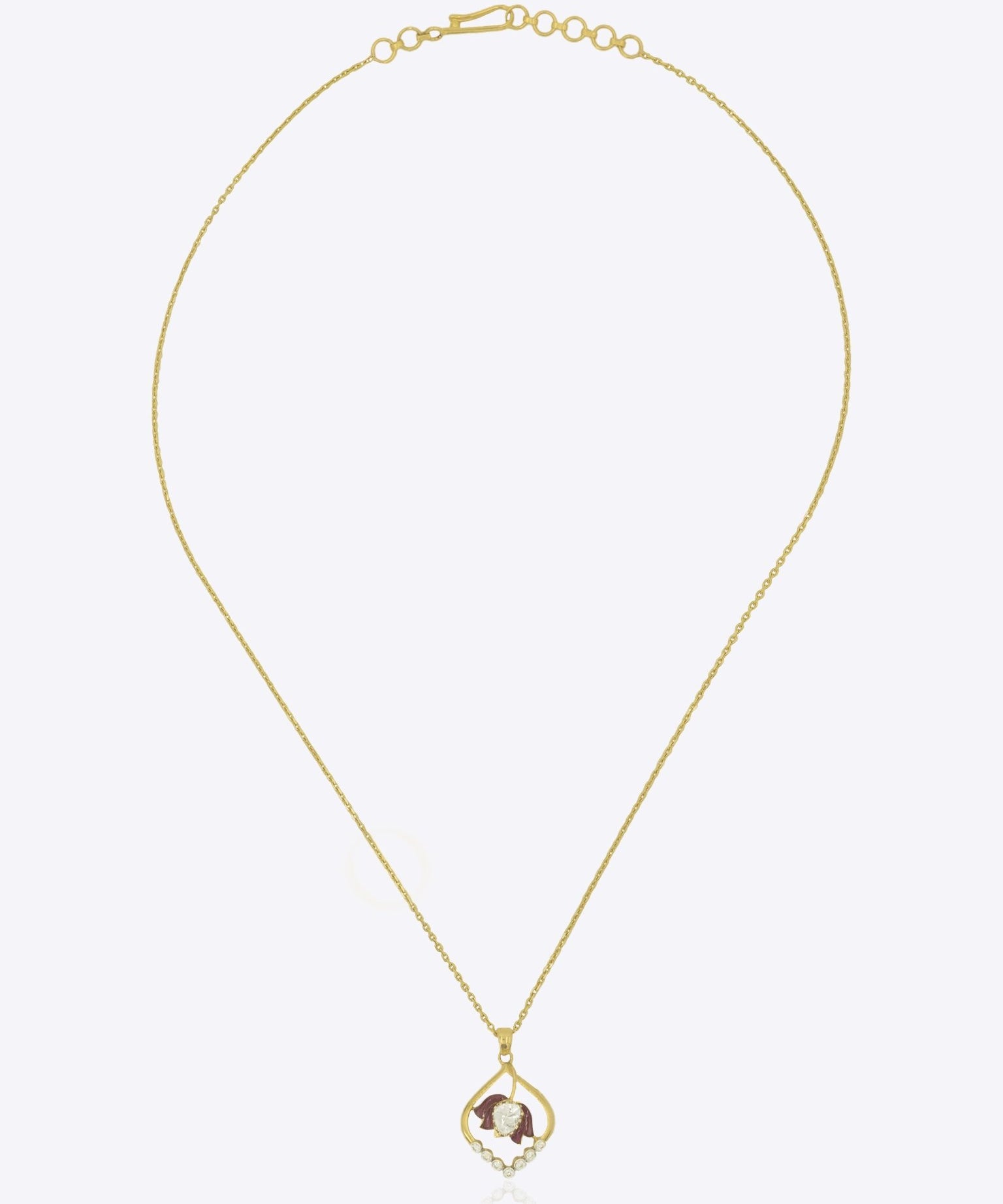 9k gold floral necklace with teardrop frame and Polki botanical motif