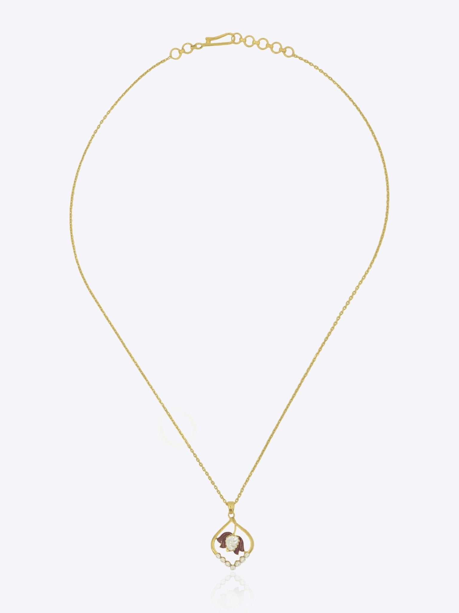 9k gold floral necklace with teardrop frame and Polki botanical motif