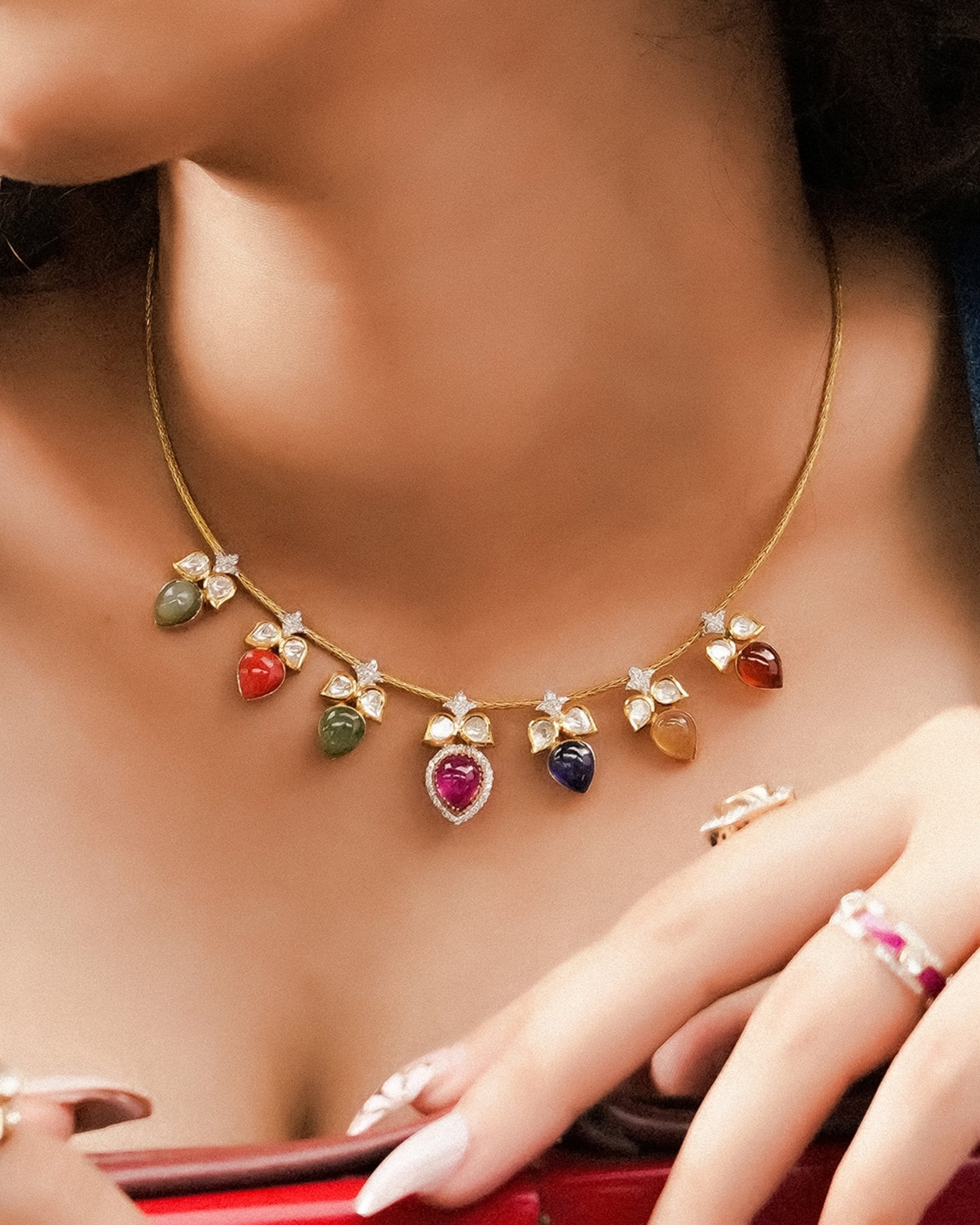 14K gold necklace with Polki, diamonds, pearls, and Navratna stones