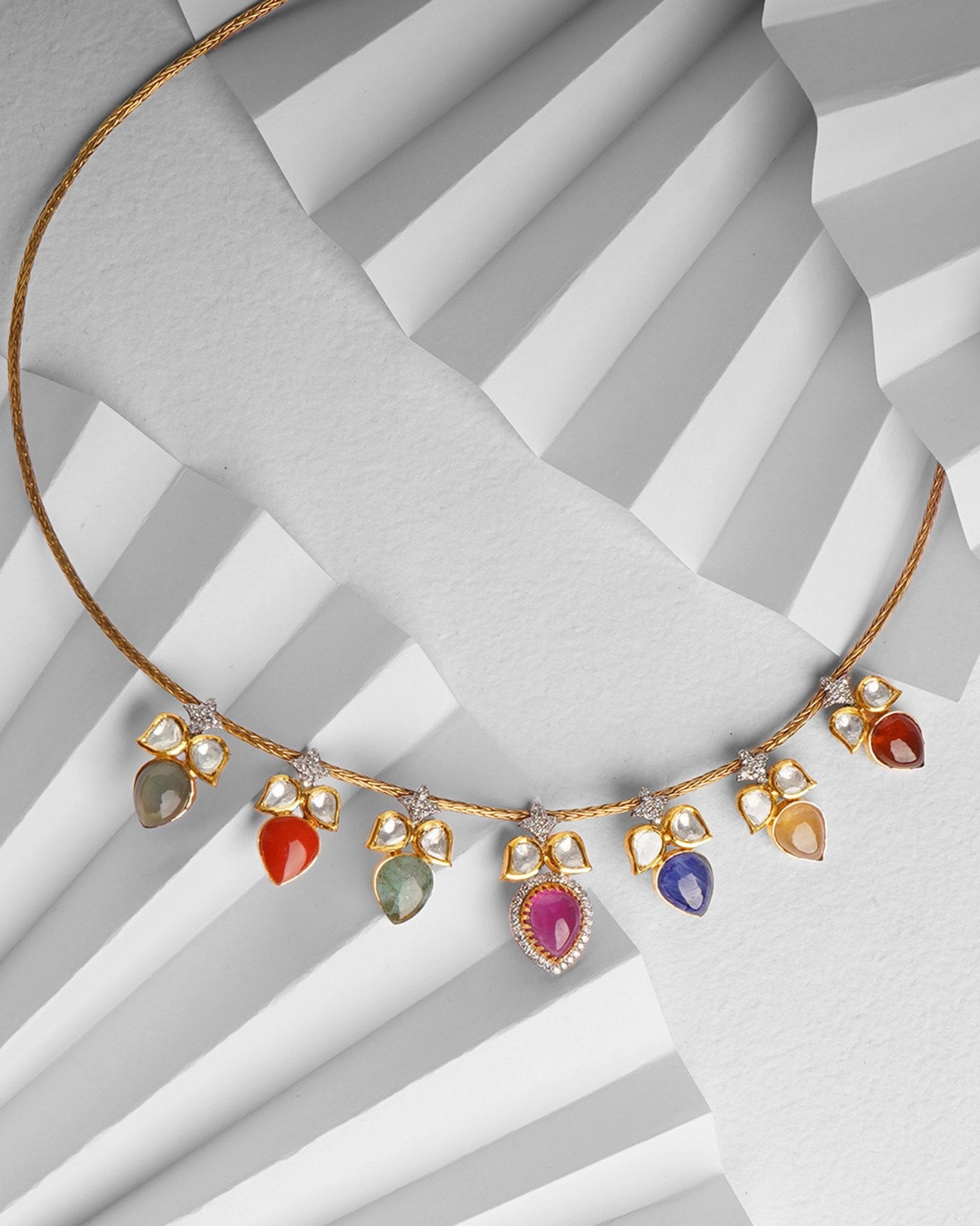 14K gold necklace with Polki, diamonds, pearls, and Navratna stones