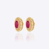 14k gold stud earrings with ruby center and uncut diamond halo