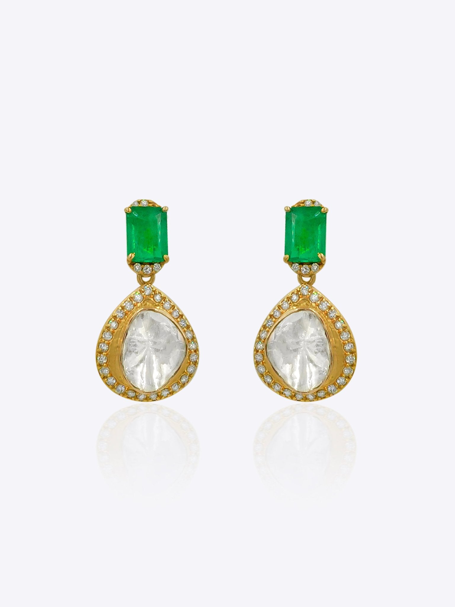 Solene Earrings in 14k gold with emerald baguettes and pear-cut Polki diamonds