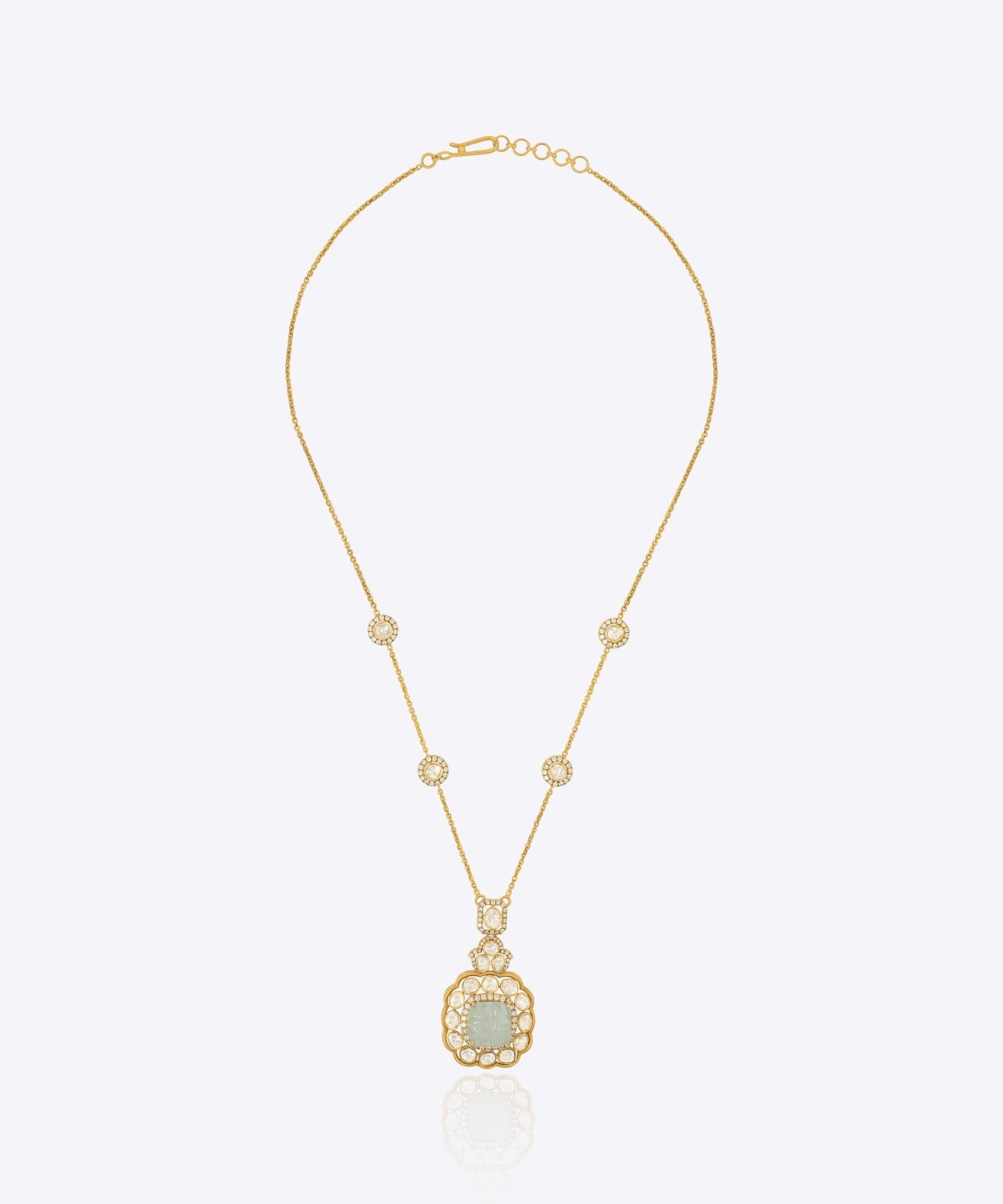 Serene Waters Polki necklace laid out to display delicate aquamarine shimmer