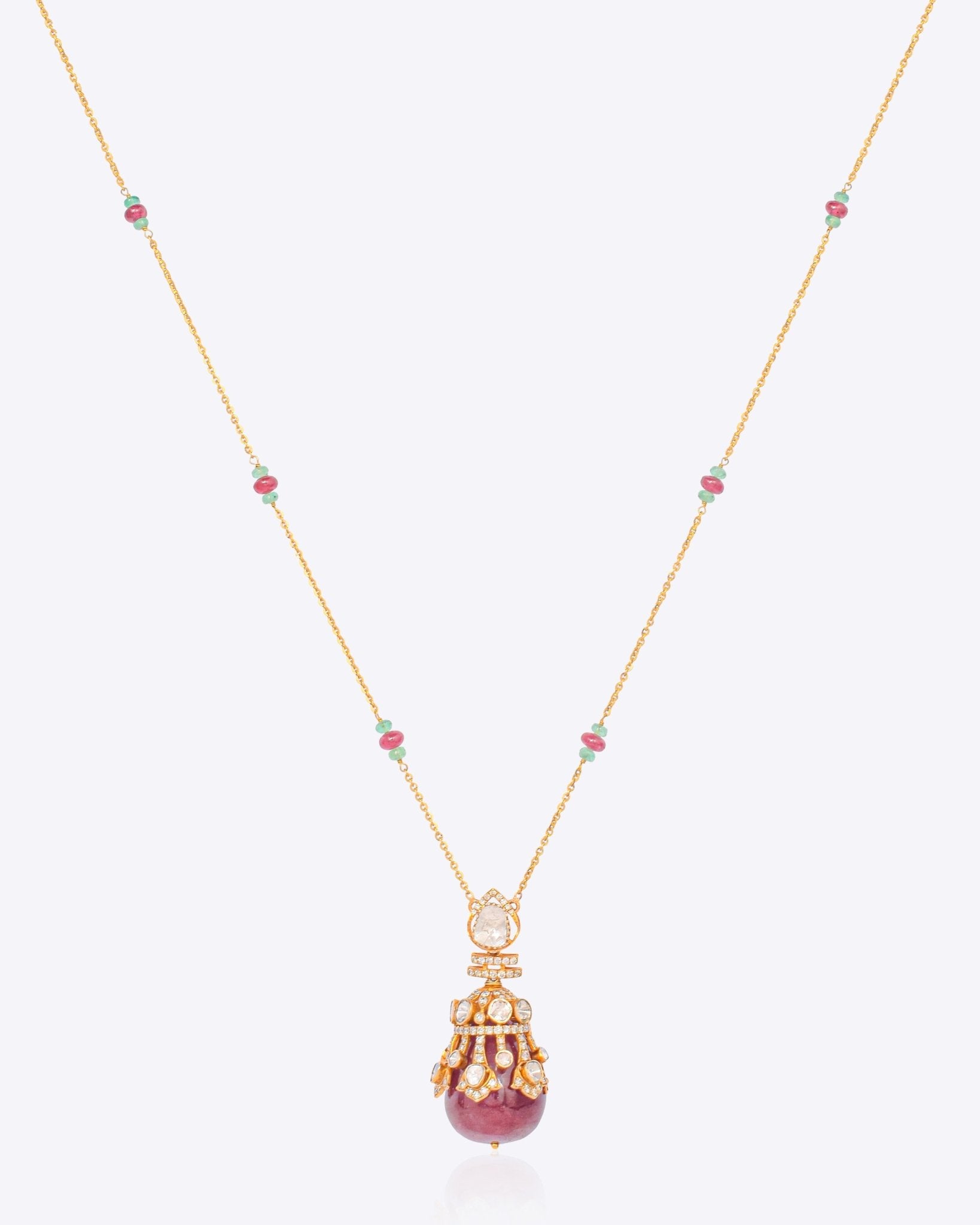 Regal Ruby Pendant in 14K gold with pastel beads and a ruby drop