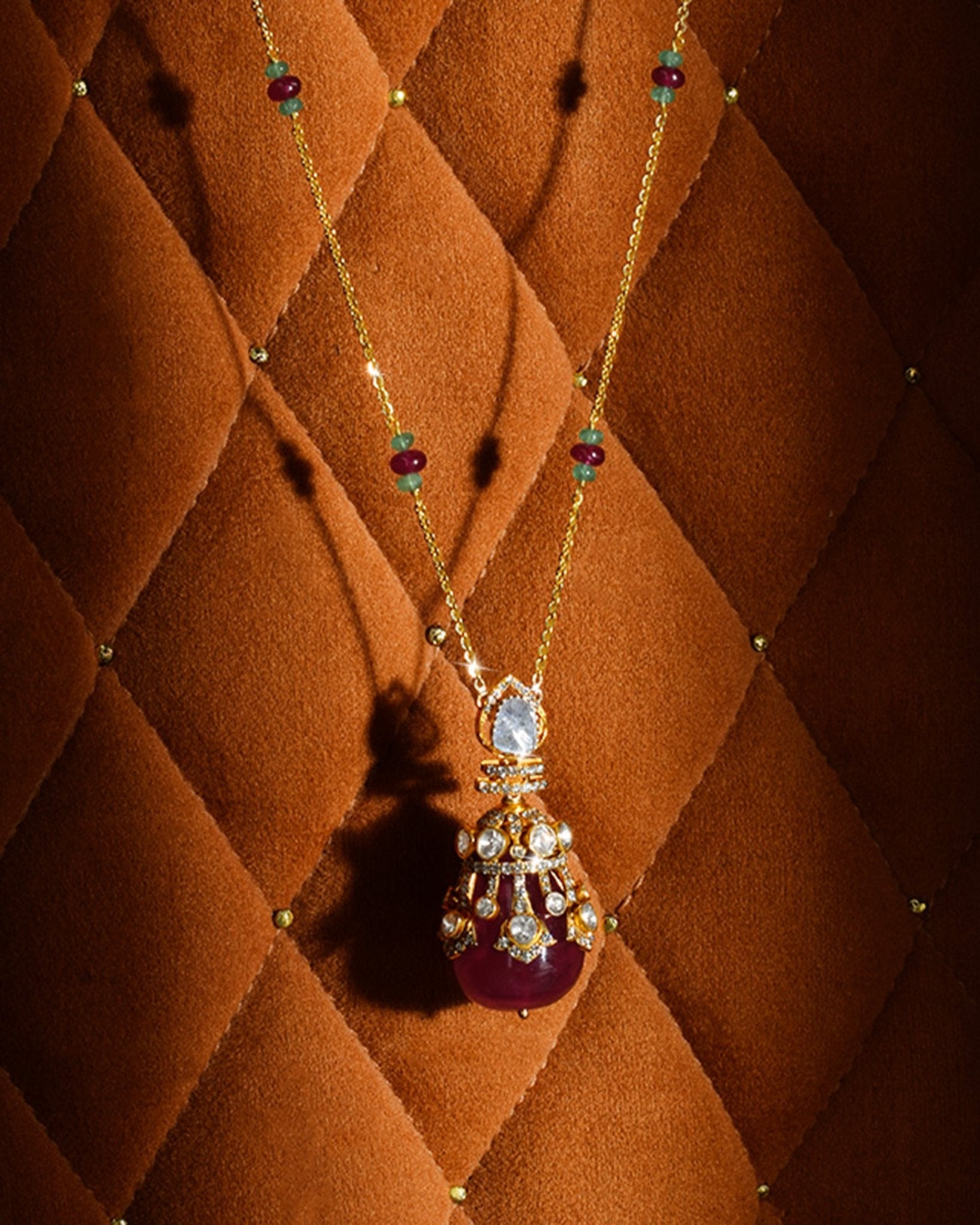 Regal Ruby Pendant in 14K gold with pastel beads and a ruby drop