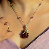 Regal Ruby Pendant in 14K gold with pastel beads and a ruby drop