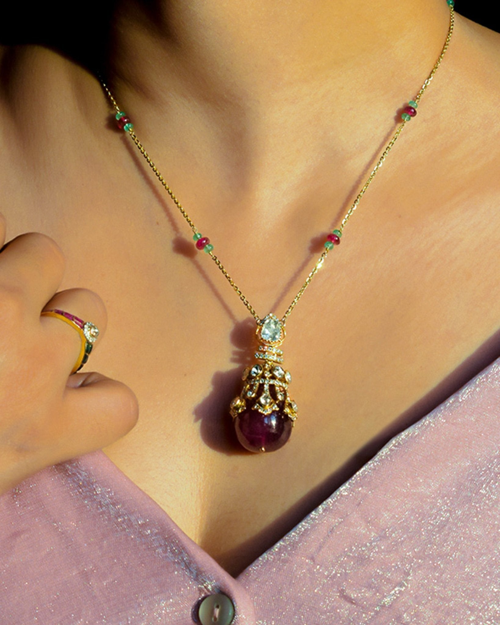 Regal Ruby Pendant in 14K gold with pastel beads and a ruby drop