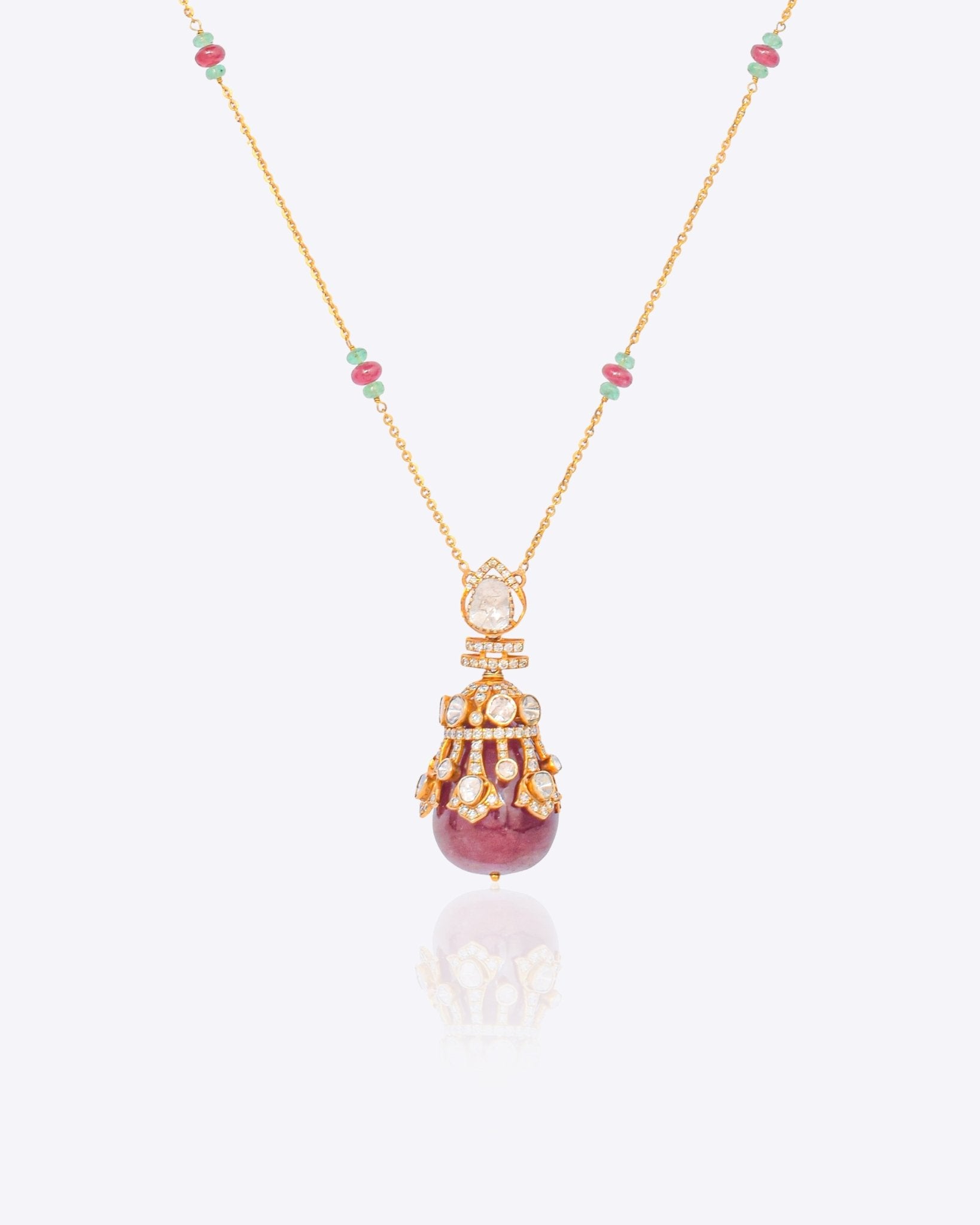 Regal Ruby Pendant in 14K gold with pastel beads and a ruby drop